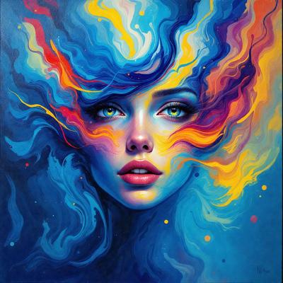 The primary subject of the image is a woman with blue hair, who is the main focus of the scene. She is surrounded by a vibrant and colorful background, which includes a mix of blue, yellow, and orange hues. The visual style of the image is a combination of digital art and illustration, creating a unique and eye-catching portrait. The woman's blue hair and the vivid colors in the background evoke a sense of creativity and individuality, while the overall atmosphere of the image is lively